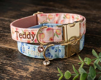 Collar personalizado para mascotas, nombre bordado, dije de piedra de nacimiento, collar floral de limón, cereza y melocotón, accesorio silencioso para perros, perros pequeños, medianos y grandes.