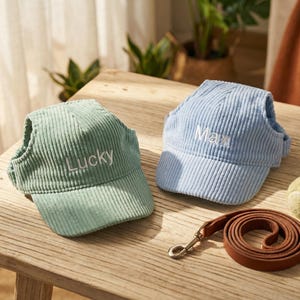 Gorro de pana personalizado para perro, visera personalizada para mascota con orificios para las orejas, gorro bordado para gato, regalo para cachorro nuevo, regalo para mamá perruna