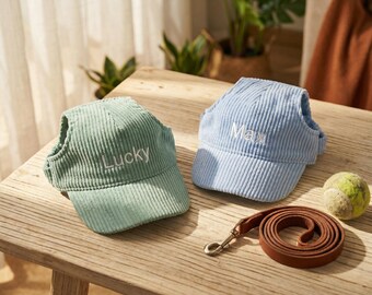 カスタムコーデュロイ犬用帽子、耳穴付きパーソナライズペットバイザー、刺繍入り猫用キャップ、子犬へのギフト、犬好きママへのプレゼント