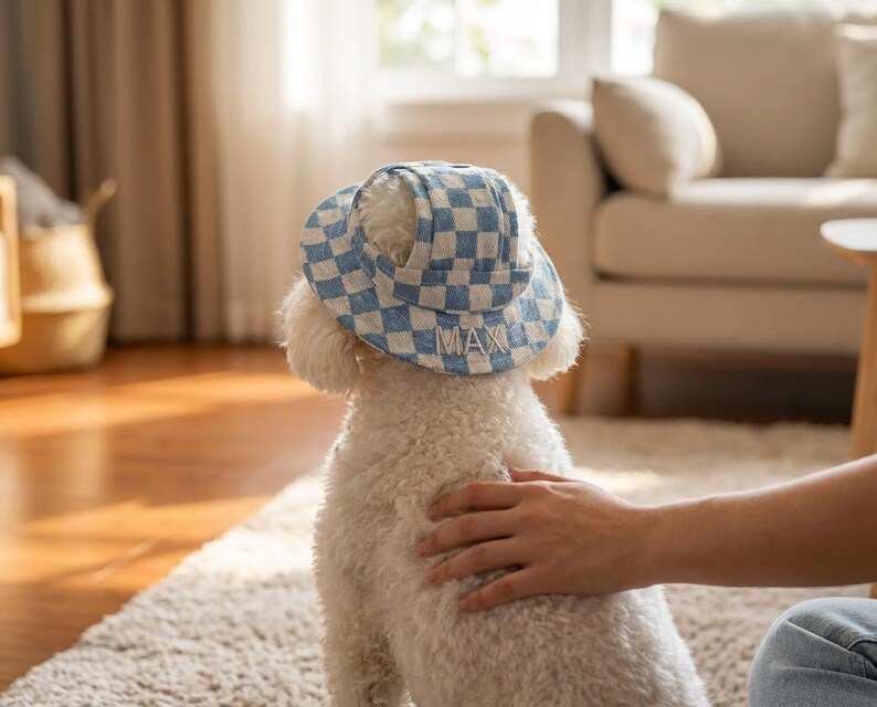 以下が含まれることがあります： 青と白のチェック柄の帽子をかぶった白い犬。つばには「MAX」という名前が刺繍されています。犬は人に撫でられています。この帽子はペット用にデザインされています。