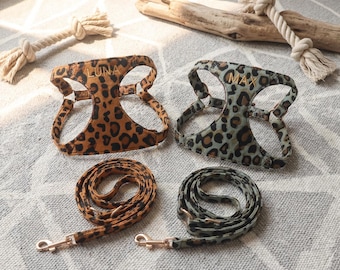Arnés para perros bordado, chaleco personalizado de leopardo para mascotas, arnés y correa para perros con estampado animal, regalo elegante para mamás perrunas, regalo de cumpleaños para perros.