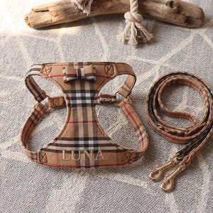 Besticktes Hundegeschirr, personalisierte Tartan-Haustierweste, kariertes Hundegeschirr und Leine, stilvolles Hundemuttergeschenk, Geburtstagsgeschenk für Hund