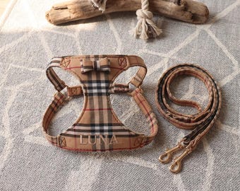 Embroidered Dog Harness, Personalized Tartan Pet Vest, Plaid Dog Harness and Leash, Stylish Dog Mom Gift, Birthday Gift for Dog