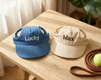 耳穴付きカスタム犬用帽子、デニム製ペット用野球帽、名入れ猫用バイザー、刺繍入り子犬用アクセサリー、ペット里親ギフト