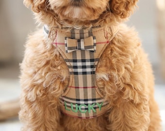 Personalisiertes kariertes Geschirr, individuell gestickte Welpen-Weste, Luxus-Hundeausrüstungs-Set, klassisches Haustierzubehör, Muttertags-Hundegeschenk
