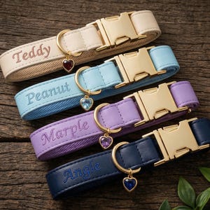 Personalized Leather Dog Collar, Crystal Birthstone, Custom Embroidered Name, Dog Birthday Gift, Quiet Puppy Collar, Gold Hardware