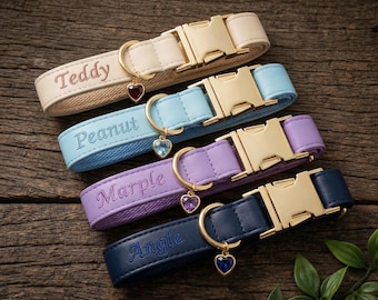 Personalized Leather Dog Collar, Crystal Birthstone, Custom Embroidered Name, Dog Birthday Gift, Quiet Puppy Collar, Gold Hardware