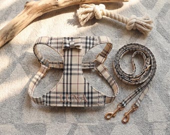 Conjunto personalizado de arnés y correa a cuadros para perro, nombre bordado a medida, chaleco de tartán beige para mascotas, regalo personalizado para perros, XXS-M