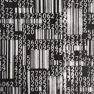 Peut inclure: Une image en noir et blanc d'un motif de code-barres avec des chiffres et des lettres. Les chiffres et les lettres sont répétés de manière aléatoire.