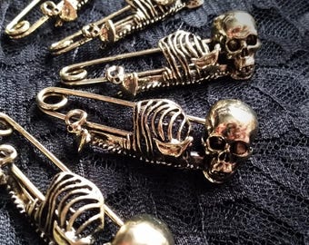2 inches Gold Skull Safety Pins for Punk Goth Alternative Clothing