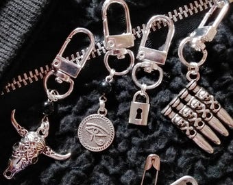 Punk Goth Zipper Pulls with charms for jackets, vests, bags