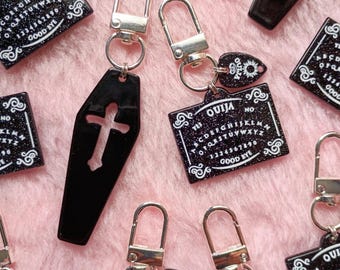 Coffin & Ouija Board Punk Goth Zipper Pulls with for jackets, vests, bags