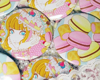 Lolita Girl & Macarons 2.25" Pinback buttons - Kawaii, Harajuku