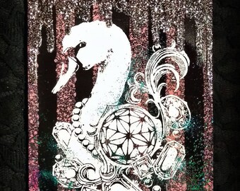 Swan & Diamonds Screen print Canvas Art with Glitter - Kawaii, Pastel Goth