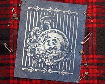 LIMITED! Alice Rabbit & Pocket Watch Steampunk Goth Handmade Sew-on Fabric Patches (Blue denim version)