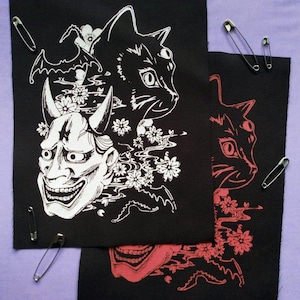 Masque Hannya et chat noir avec des chauves-souris et des fleurs de cerisier Sakura, patchs en tissu à coudre faits main gothiques japonais