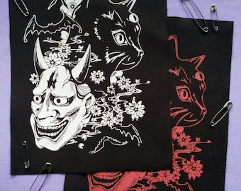 Masque Hannya et chat noir avec des chauves-souris et des fleurs de cerisier Sakura, patchs en tissu à coudre faits main gothiques japonais