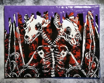 Siamese Bats Skeleton Screen print Canvas Art with glitter - Punk, Goth