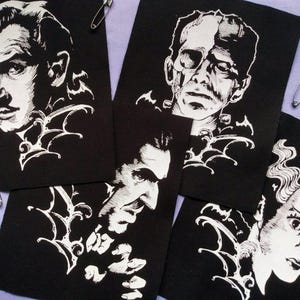 Parches para coser de Halloween con iconos del terror clásico: Vincent Price, Drácula, Frankenstein y la novia de Frankenstein