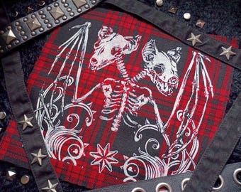 LIMITED! Siamese Bats Skeleton Punk Halloween Sew-on Patches (Tartan punk version)