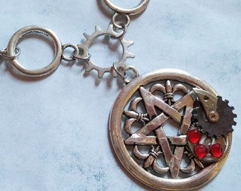 Pentagram Charm Necklace with Gears & Watch Parts - Steampunk, Goth