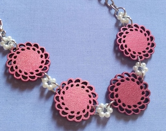 Pink Wooden Flowers & Pearls Bracelet - Kawaii, Lolita