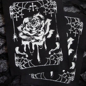 Melting Eye ball Rose with Spider Webs & Crosses Horror Goth Handmade Sew-on Fabric Patches