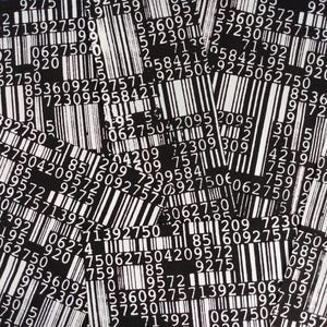 May include: A black and white image featuring a dense pattern of barcodes. The barcodes are arranged in a chaotic, overlapping manner, with varying widths and lengths. Numbers are printed above the bars.