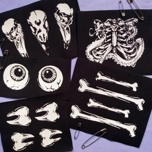 Anatomy & Bones Halloween Sew-on Patches Sets - Raven Skulls, Ribcage, Eyes, Bones, Teeth