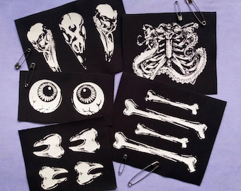 Anatomy & Bones Halloween Sew-on Patches Sets - Raven Skulls, Ribcage, Eyes, Bones, Teeth