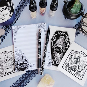 Hallow&#39;s Eve Goth Witch & Snakes Notepad, Pens and Decals Halloween Stationery Set