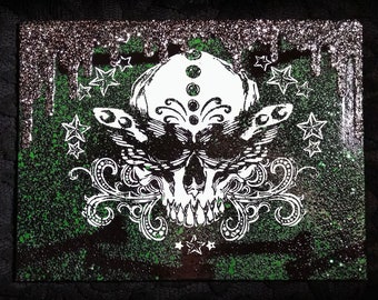 Skull with Moth Wings Screen print Canvas Art with glitter - Punk, Goth