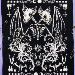 Siamese vleermuizen skelet punk halloween opnaaibare patches (zwart-wit versie)