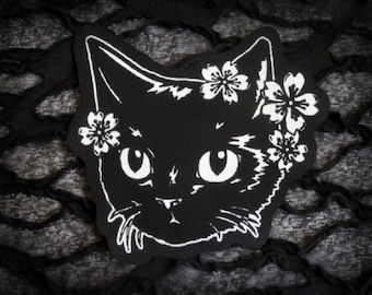 Black Cat & Sakura Cherry Blossoms Japanese Goth Sew-on Patch