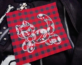 LIMITED! Patched-up Balloon Cat with Muzzle Mask Goth Punk Handmade Fabric Sew-on Patches (Buffalo plaid version)