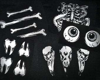 Anatomy & Bones Sew-on Patch Set - Raven Skulls, Ribcage, Eyes, Bones, Teeth