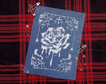 LIMITED! Melting Eye ball Rose with Spider Webs & Crosses Horror Halloween Sew-on Patches (Blue denim version)