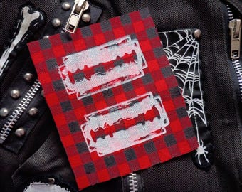 Razor Blades Goth Punk Handmade Sew-on Fabric Patches Set (Buffalo plaid version)