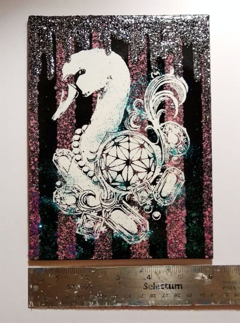 Pastel Goth Swan /& Diamonds Screen print Canvas Art with Glitter Kawaii