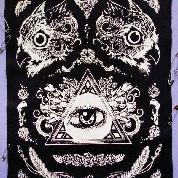 Illuminati Eye of Providence with Crystals & Owls Handmade Fabric Sew-on Goth Back Patches