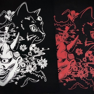 NOW IN RED! Hannya Mask & Black Cat with Bats and Sakura Cherry Blossoms Japanese Goth Handmade Sew-on Fabric Patches