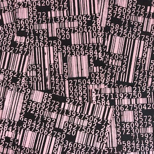 May include: A close-up of a pattern of black and white barcodes on a pink background. The barcodes are arranged in a dense, overlapping design, creating a textured effect. The numbers are in white.