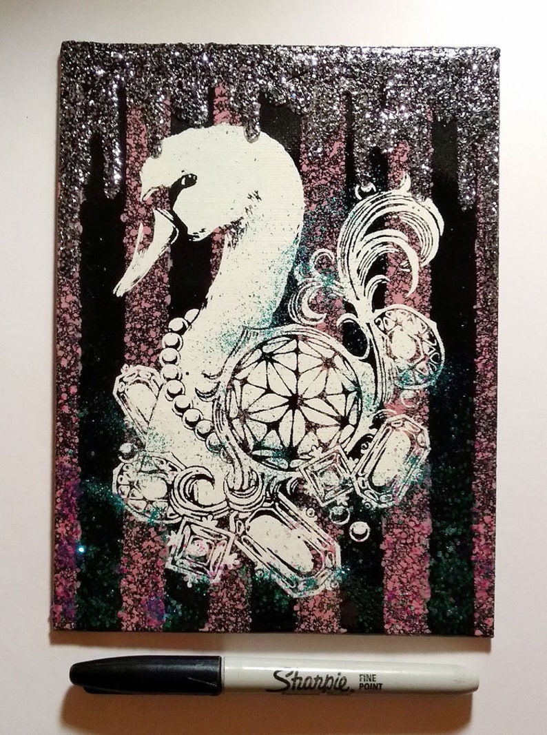 Pastel Goth Swan /& Diamonds Screen print Canvas Art with Glitter Kawaii