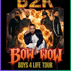 Könnte beinhalten: Ein digitales Grafikdesign mit dem gelben Text "B2K" über einer Gruppe von fünf Männern. Darunter der orangefarbene Text "BOW WOW" und "BOYS 4 LIFE TOUR". Die Wörter "DIGITAL DOWNLOAD" und "TRANSPARENT BACKGROUND" sind ebenfalls vorhanden.