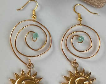 Himmelsk sol och måne örhängen, handgjord mässingsspiral, bohemisk-mystisk stil, originalgåva för kvinnor, mors dag