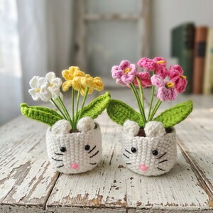 Handmade Crochet Cat Planter with Flowers | Amigurumi Kitty Pot | Spring Home Decor | Gift for Cat LoversLoversLovers