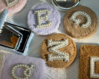Fluffy Plush Compact Mirror, Pearl Initial Cosmetic Travel Mirror