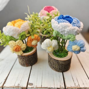Hand-Crocheted Ombre Rose Plant, Wooden Pot, Acrylic Yarn Flowers, Office Decor, Mother's Day Gift