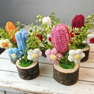 Crocheted Tulip Flower Pot Decor, Handmade Acrylic Yarn Plant, Desk Accent,Mother's Day Gift