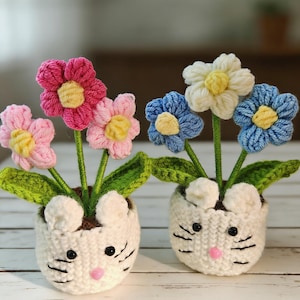 手編みかぎ針編みの猫型プランター（花付き）｜あみぐるみ猫型植木鉢｜春のインテリア｜猫好きへのギフト
